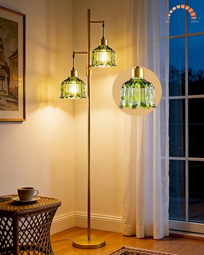 Image of Lightdot 2- Light Gold Flower Floor Lamp, 65IN Green Glass Floor Lamps with 3000K Warm White Bulbs, Modern Standing Tall Lamp with 5Lbs Heavy Base for Living Room Bedroom Home Office Sofa Beside