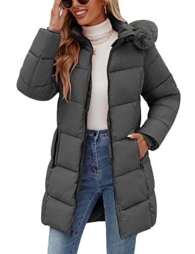 UMIPUBO Women's Winter Thicken Puffer Coat Waterproof Windproof Warm Jacket with Removable Faux Fur Hood, Snow Parka Outerwear for Cold Weather(Dark Grey,M)