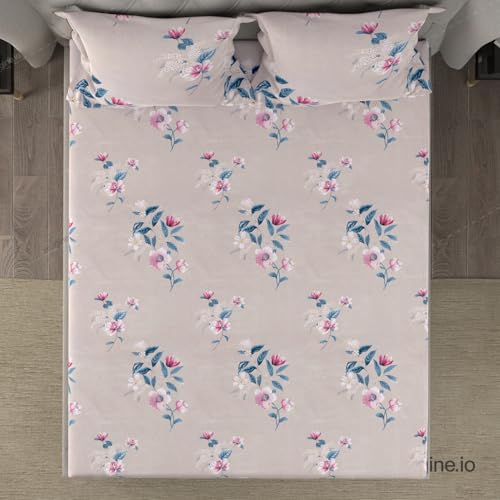 Image of Cloth Fusion Glace Cotton Elastic Fitted Bedsheet King Size 78x72 inch | Pink Floral, 2 Pillow Covers, 165 TC, Soft, Cotton Blend, 360 Grip, Fits Up to 8 in Mattress, Quick-Drying