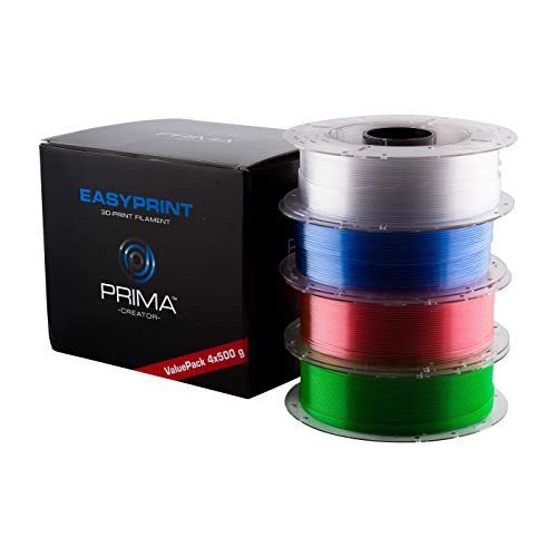 PrimaCreator EasyPrint filament do drukarki 3D – PETG – cena w cenie – 1,75 mm – 4 x 500 g (razem 2 kg) – przezroczysty, różowy, jasnoniebieski, zielony