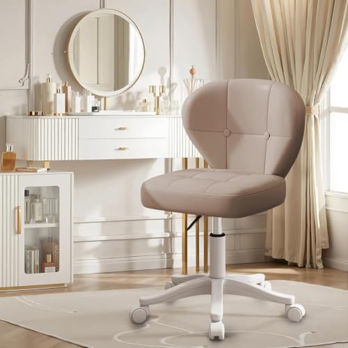 Image of Small Office Chair with Lumbar Support, PU Leather Armless Swivel Desk Chair Adjustable Height, Compact Rolling Chair for Home Office, Bedroom, Study (Khaki)