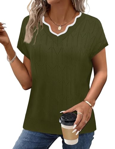 Image of WIHOLL Womens Summer Tops Cap Sleeve Sweater V Neck Shirts Beach Vacation Clothes Business Casual Fashion Clothing