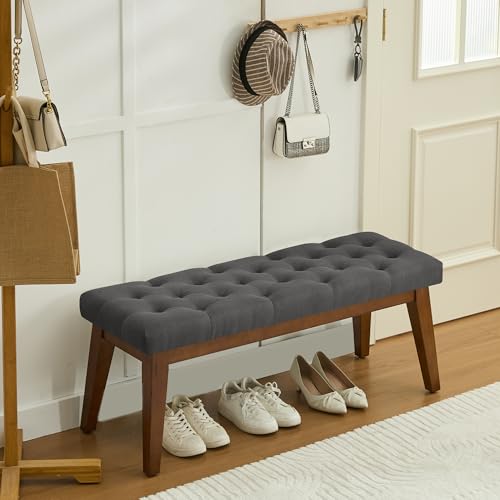 Image of WUTUTUEE 43.5'' Linen Bedroom Bench, Upholstered End of Bed Bench with Tufted Button, Padded Vintage Dining Bench, Entryway Bench with Solid Wood Legs, Kitchen, Living Room, Hallway, Dark Grey Tufted