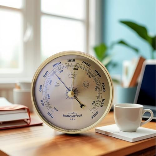 FUANA Reloj barómetro con marco de metal, 70 mm de diámetro, medidor de presión meteorológica para decoración del hogar, no necesita batería, accesorios de radiador dorado/plateado