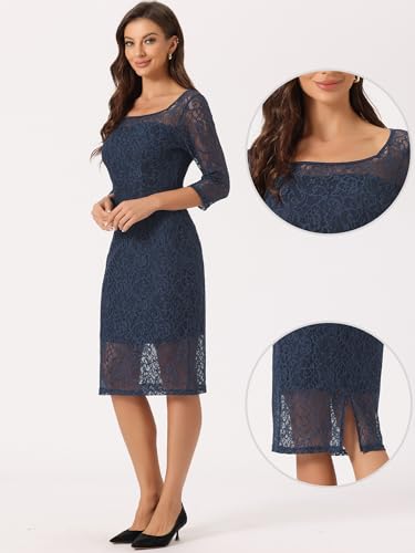 Image of Allegra K Lace Dress for Women's Elegant 3 /4 Sleeve Square Neck Bodycon Cocktail Dresses