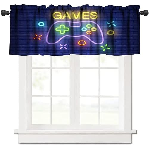 Gamer Curtains Valances Curtains Neon Video Game Controller Gamepad Windows Short Curtain Valance for Kitchen/Living Room/Bathroom/Bedroom Decor with Rod Pocket, One Panel 54X18 Inches