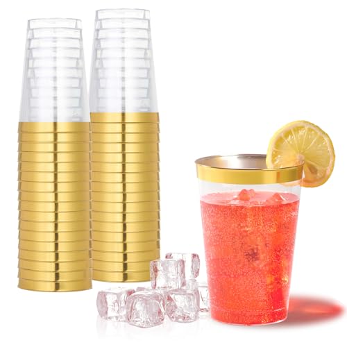POPOPUL 100 Pack 12 oz Gold Rimmed Heavy-Duty Clear Plastic Cups - Disposable Party Cups for Weddings & Holiday Events