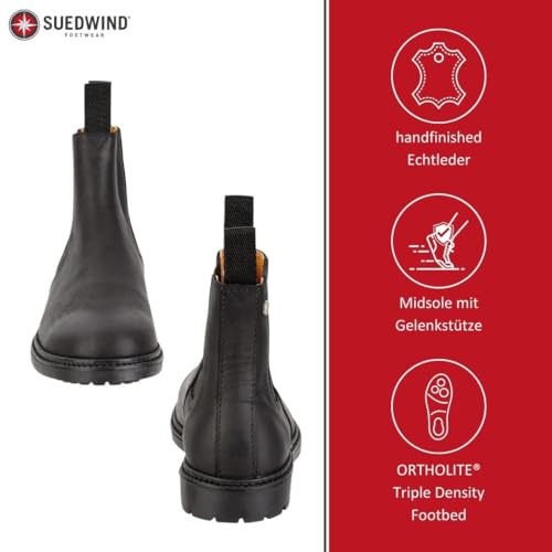 SUEDWIND FOOTWEAR Reitstiefeletten für Damen NEW WORK – Chelsea Boots aus Leder – Reit- & Freizeit-Stiefelette mit Ortholite-Fußbett, Gummisohle & Lederinnenfutter – Schwarz – Gr. 39