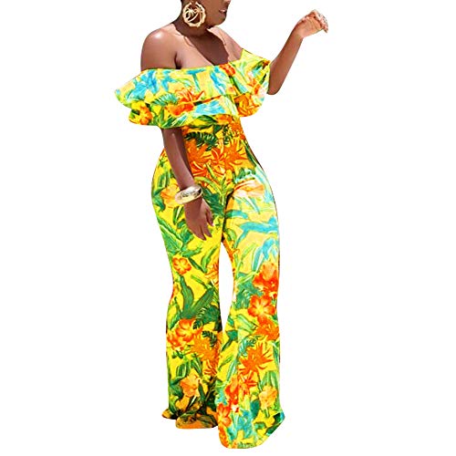 Aro Lora Women s Off Shoulder Floral Printed Cropped Wide Leg Jumpsuits Rompers X-Large Yellow