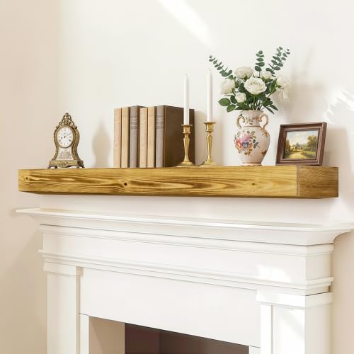 Donext 60" Fireplace Mantel, Rustic Fireplace Mantle Shelf with Invisible Brackets, Handcrafted Wood Floating Fireplace Mantel, Wall Mounted Fireplace Mantel Shelf for Living Room Decor, Caramel