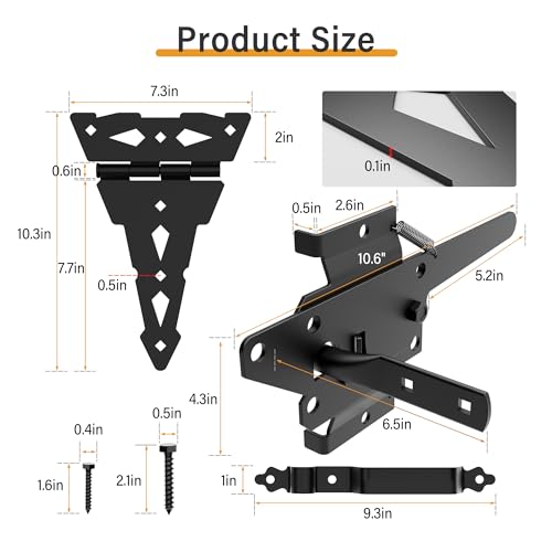 Image of WINSOON Rustic Black Steel Wood Gate Hardware Set, 8 inch Strap Gate Hinges & Heavy Duty Latch Kit with Handle, 60 lbs. Capacity, 2 Count