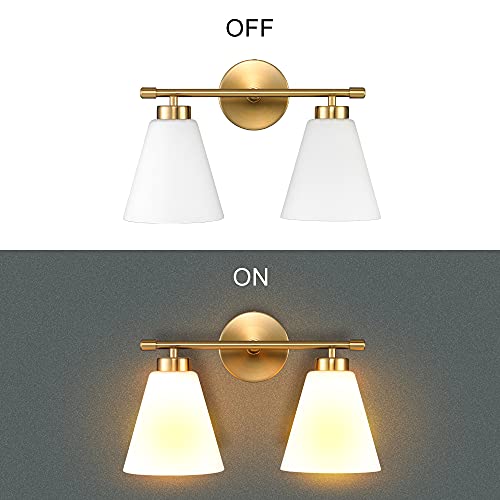 Image of Hamilyeah Gold Bathroom Vanity Light Fixture with Frosted Glass Shade, 2 Light Vanity Lighting Fixture Over Mirror, 2 Bulb Wall Lamps for Bathroom, Restroom, Living Room