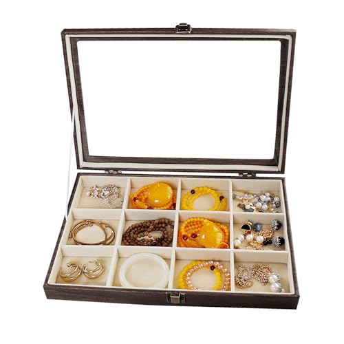 ETAINGYEUN Caja de organizador de joyas Box de almacenamiento de pulsera de cuadrícula de gran capacidad 12 compartimentos con cubierta para exhibición ordenada