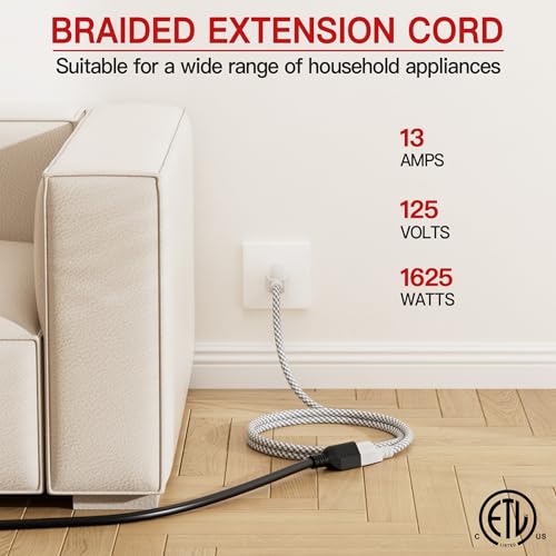Image of 16 /3 Braided Extension Cord 10 FT, Braided Extension Cord Flexible & Durable, Indoor 3 Prong Power Cable, Suitable for Home and Office, 13 Amp 1625 Watt 125VAC 16AWG, ETL Listed