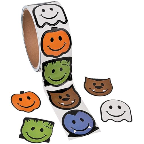 Face Monster Halloween Sticker Rolls - 100 Pack, Reusable and Multicolor