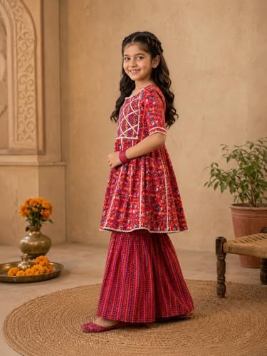 Image of superminis Baby Girl's Cotton Sanganeri /Floral Printed Frock Style Kurti With Printed Sharara Dress Clothing Set
