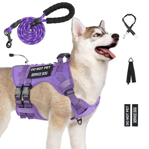 Yungaspy No Pull Tactical Dog Harness for Small Dogs, Escape Proof Molle Dog Vest Harness and Leash Set, Adjustable Military Service Dog Harness with Handle for Medium Large Dogs(Purple, Medium)