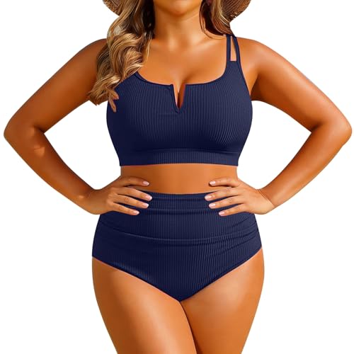 Generisch Tankini Mujer Swimsuits Verano Sexy Plus Size Bikini de cintura alta de punto acanalado traje de baño de dos piezas con aros en V 2026, marine, 16