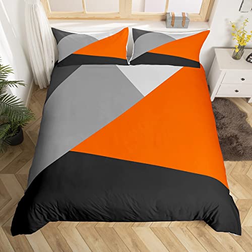 Homewish Orange And Gray Duvet Cover King Patchwork Geometric Triangle Bedding Set Orange Black Light Grey Comforter Cover For Kids Adults Modern Simple Abstract Bed Set,2 Pillow Cases