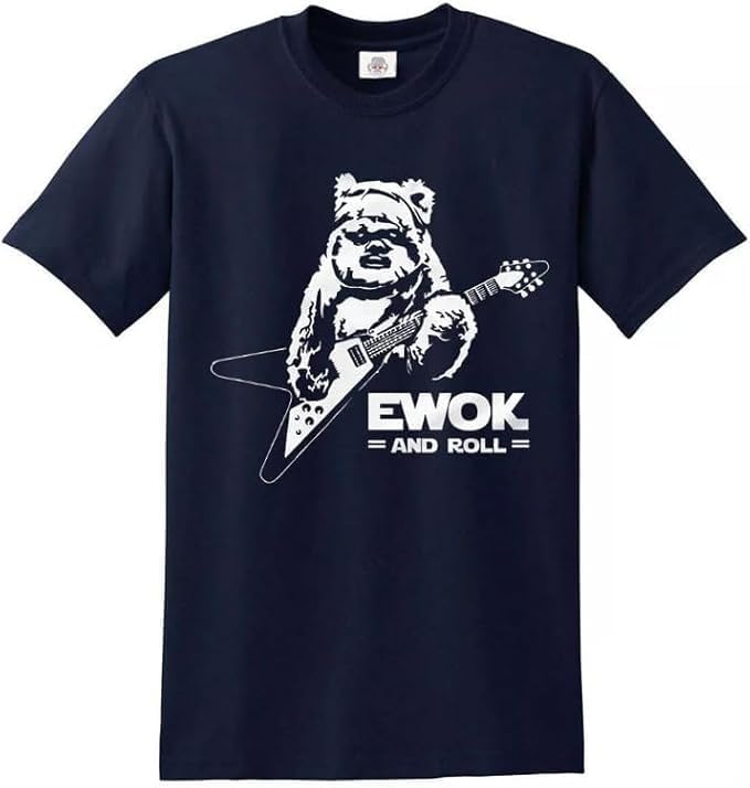 Ewok and Roll Guitar T-Shirt Funny Rock Music Joke Rude Novelty Gift Top Tee (Navy White Print L)