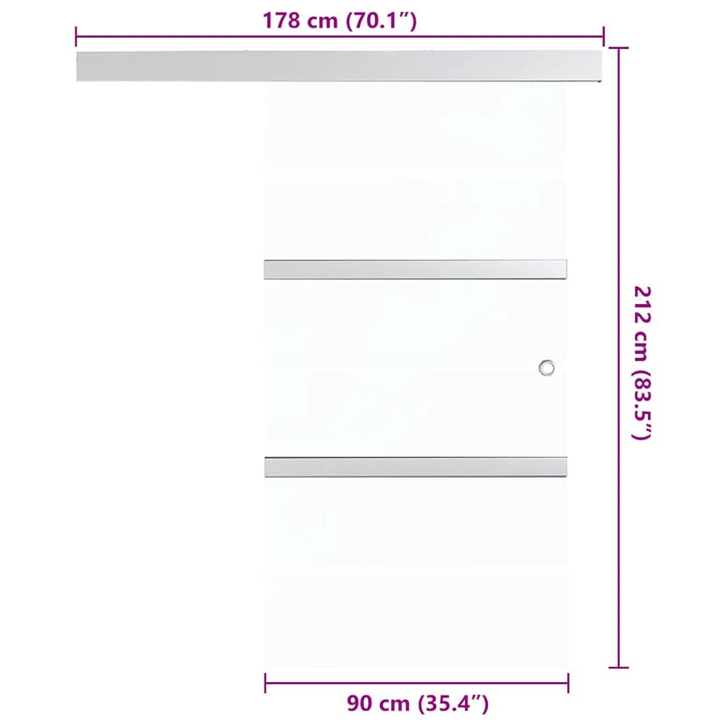 Porta scorrevole in vetro ESG e alluminio, 90 x 205 cm, argento con vetro smerigliato e strisce trasparenti, include binario in alluminio, fermaporta, guida a pavimento e pomello