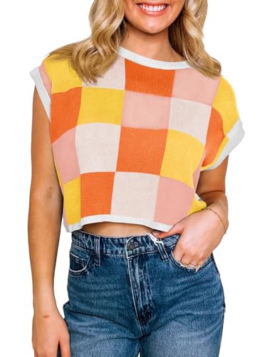 Image of Saodimallsu Womens Cap Sleeve Crop Tops Summer Color Block Going Out Crew Neck Knit Trendy Casual Sweater