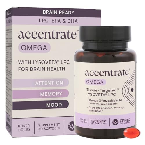 Omega w/LYSOVETA LPC | EPA & DHA Supplements for Brain Health | Focus Attention Memory & Mood | 6X Higher Absorption Than Fish Oil | Omega-3 Fatty Acid Supplements | Highest Potency LPC-DHA