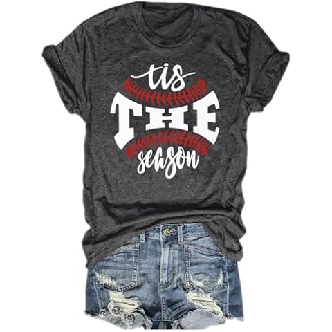 Baseball Shirts Women Tis The Season Baseball Mom T-Shirts Letter Print Graphic Tee Tops(Grey,XL) Cover