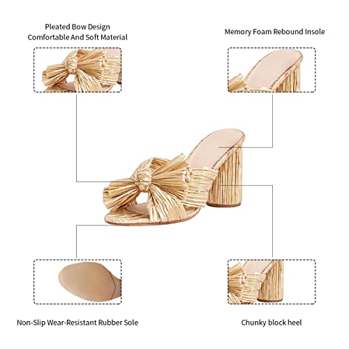 Image of MICIFA Women's Bow Heeled Sandals Slip On Open Toe Block Chunky Heel Sandals Bride Wedding Dress Shoes