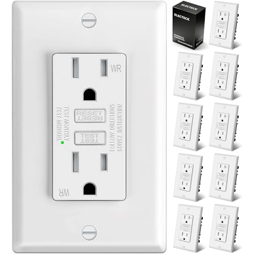 ELECTECK 10 Pack GFCI Outlets 15 Amp Outdoor Weather Resistant (WR) Ultra Slim GFI Receptacles with LED Indicator Ground Fault Circuit Interrupter Wallplate Included ETL Listed White