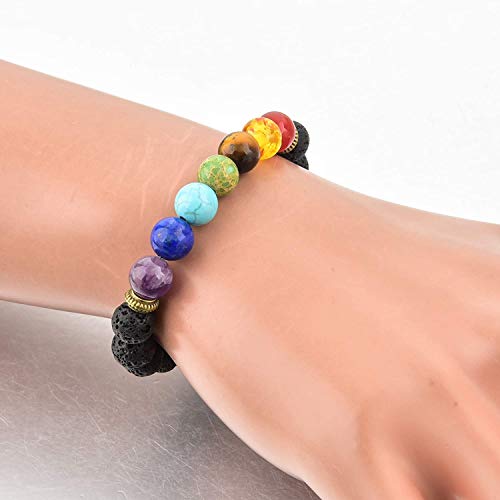 Mystiqs Lava Rock Chakra Beaded Bracelet Essential Oil Diffuser For Men,Women Aromatherapy Ideal For Anti-Stress Or Anti-Anxiety (New Upgraded Anti-Loose System) #TOP4