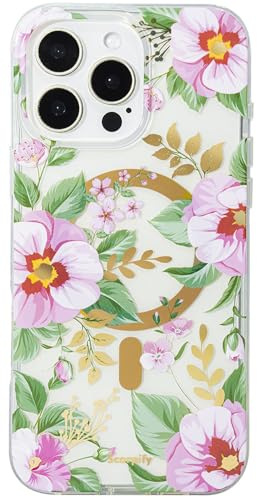 Coque antichoc iPhone 16 Pro MagSafe fine avec boutons dorés et motif floral rose