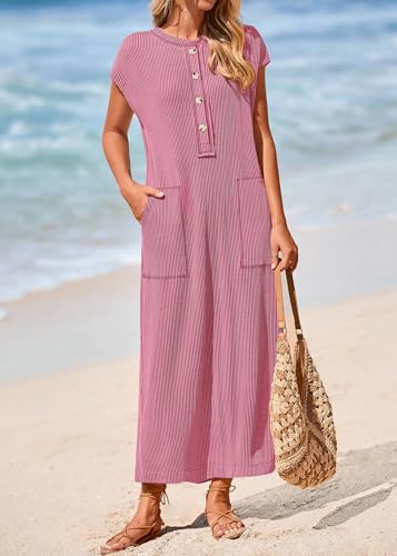Image of KIRUNDO Womens Summer Ribbed Knit Short Sleeve Maxi Dress | 2026 Spring Henley Button Up Knitted Tshirt Dress, Loose Beach Vacation Sundress, Teacher Dress, Loose Fit Nursing Friendly