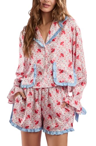 Image of Yiulangde Valentines Heart Bow Pajamas for Women Silk Satin Ruffle Shorts Pjs Tie Front Long Sleeve Shirts Pajamas with Bows