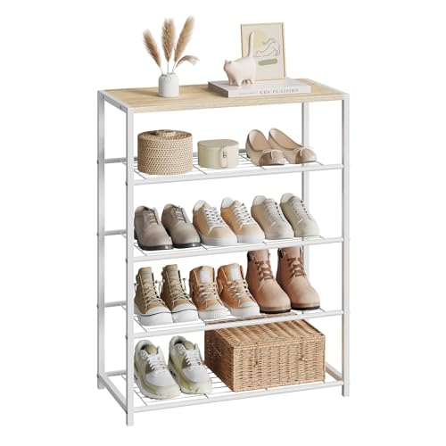WOLTU Étagère à Chaussures, Étagère pour Chaussures avec 4 Étages en Treillis et Cadre Métallique pour Entrée, Couloir, Salon, 63x30x83cm, Chêne...