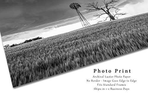 Country Photography Print (Not Framed) Black And White Picture Of Windmill And Tree In Wheat Field As Storm Approaches In Oklahoma Farm Wall Art Farmhouse Decor (4" X 6") #TOP1
