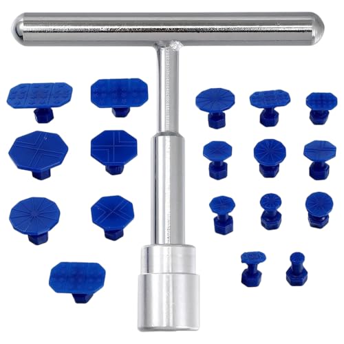 LBQUTN Kit de Reparación de Abolladuras para Coche, Saca Bollos de Chapa Profesional con Herramienta T-Bar y 18 Ventosas de Extracción, Reparador de Golpes en Carrocería para Granizo y Puertas, Plata