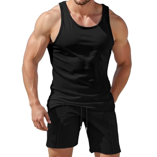 Générique Survêtement d'été Homme Unie décontracté Respirant débardeur Short Ensemble Mode légère Tenue Confortable élégant Quotidien (Black, L)