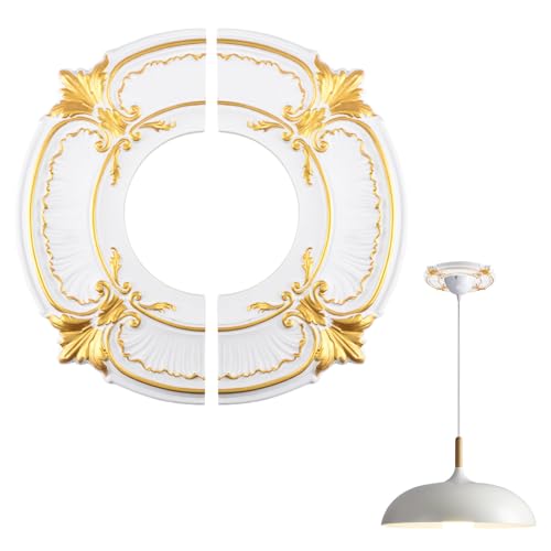 Image of INCREWAY 1Pc 13 Inch Painted Gold Carved Ceiling Lighting Base, Decorative Ceiling Lighting Used for Painted Gold Decoration in Living Rooms Lobbies Bedrooms Corridors Gypsum Circular Installation