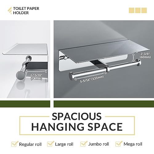 Double Toilet Paper Holder with Shelf Polished Chrome, APLusee SUS304 Stainless Steel Contemporary Bathroom Tissue Roll Holder Cell Phone Storage Rack - Thumbnail 4