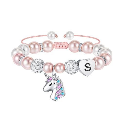 Hidepoo Unicorn Bracelet Gifts - Pink Pearl and Rhinestone Balls Heart Initial S Unicorn Bracelets Rainbow CZ Letter Unicorn Jewelry Birthday Gift