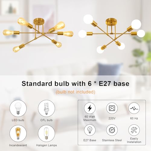 DELIPOP Deckenleuchte Vintage, 6 Flammig Sputnik Kronleuchter Modern, E27 Fassung, Wohnzimmerlampe Gold Industrie Deckenlampe Metall für Schlafzimmer Esszimmer Küche Flur Bar