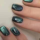 Viugex 24Pcs Uñas Postizas Cortas Cuadradas, Francesas Press on Nails, Verde Ojo de Gato Acrílicas Brillantes Uñas Falsas, Hecho a Mano Reutilizables Cubierta Completa Puntas de Uñas para Mujeres