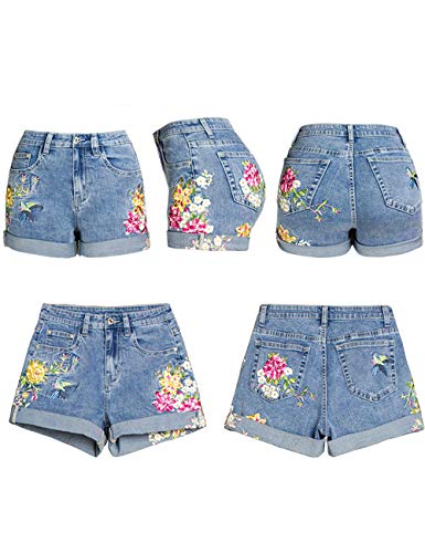 Women's Floral Embroidered Midrise Cuffed Jean Shorts Summer Denim Shorts Blue 8 #TOP5