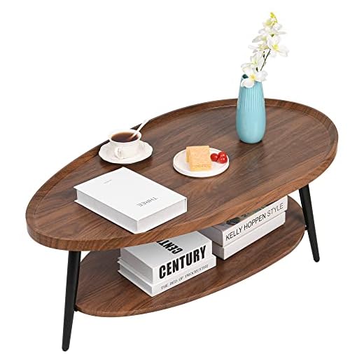 Zedesey 2-Tier Coffee Table Water-Shaped Wood Center Table Mid Century Oval Coffee Table Rustic Farmhouse Coffee Table for Living Room, Bedroom, 40", Brown