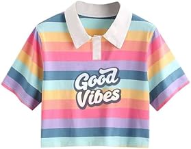 FUNKY MONKEY Women Teen Girls Fashion Turn-Down Collar Crop Top Color Block Pullover T-Shirts