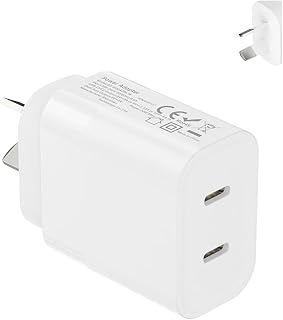 Australia/New Zealand/Argentina/Fiji Fast Charger Dual USB Type C AU Adapter Plug Type I Wall Block for Apple iPhone 17 16 15 14 13 12 Pro Max Samsung Google Pixel PD PPS 20W/20W Travel Essentials