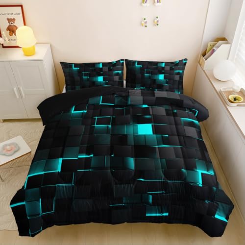 Image of Nttopship Neon Turquoise Black Comforter Set Queen Geometric Kids Bedding Set,3 PCS Geometry Honeycomb Bed Set Modern Quilt Set 1 Comforter 2 Pillow Cases Cool Room Decor All Season B-Side Black