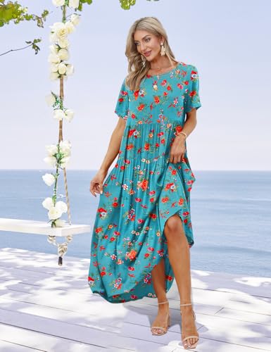 Image of YESNO Women Casual Loose Bohemian Floral Dress with Pockets Short Sleeve Long Maxi Summer Beach Swing Dress EJF