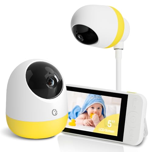 Ellie Pro - Monitor de bebé con cámara y audio, resolución IPS 2K UHD de 5 pulgadas, batería de 6000 mAh, zoom panorámico y inclinación 5X, conversación bidireccional, sin WiFi, visión nocturna, valla
